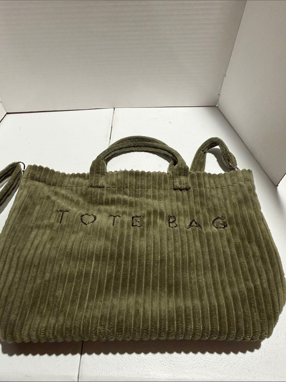 Olive Green Corduroy Tote Bag with 'TOTE BAG' Embroidery